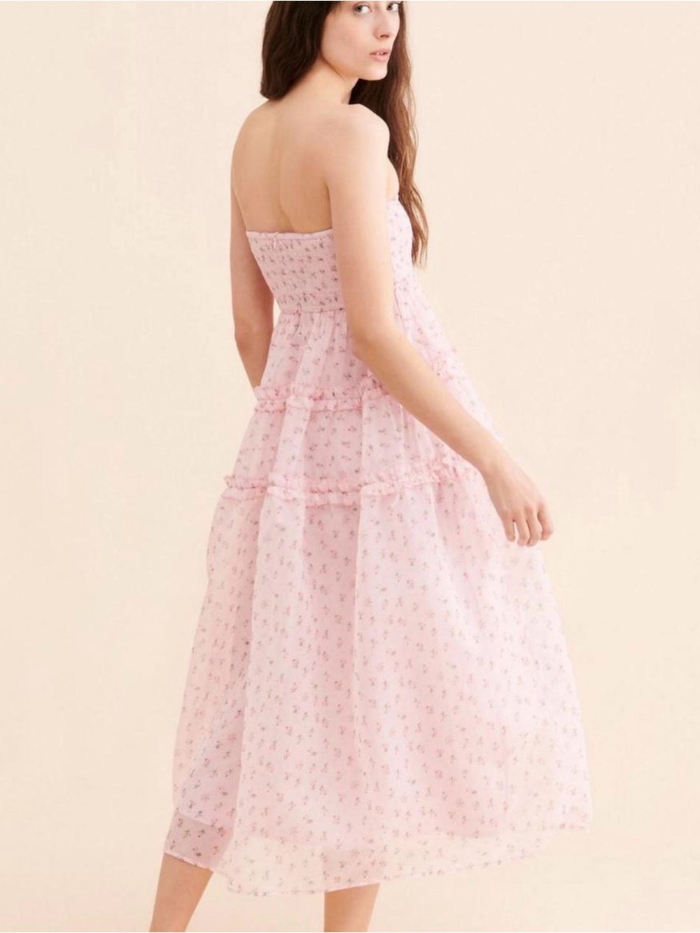 Sister Jane Dream Pale Pink Strapless Floral Tiered Midi Dress